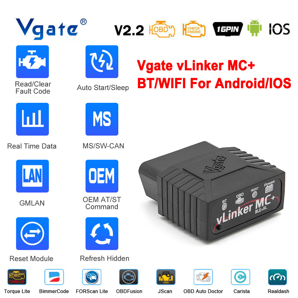 Adattatore Diagnostico OBD2 Bluetooth VLinker MC+ - Per App IOS/Android/Windows, Scan Auto