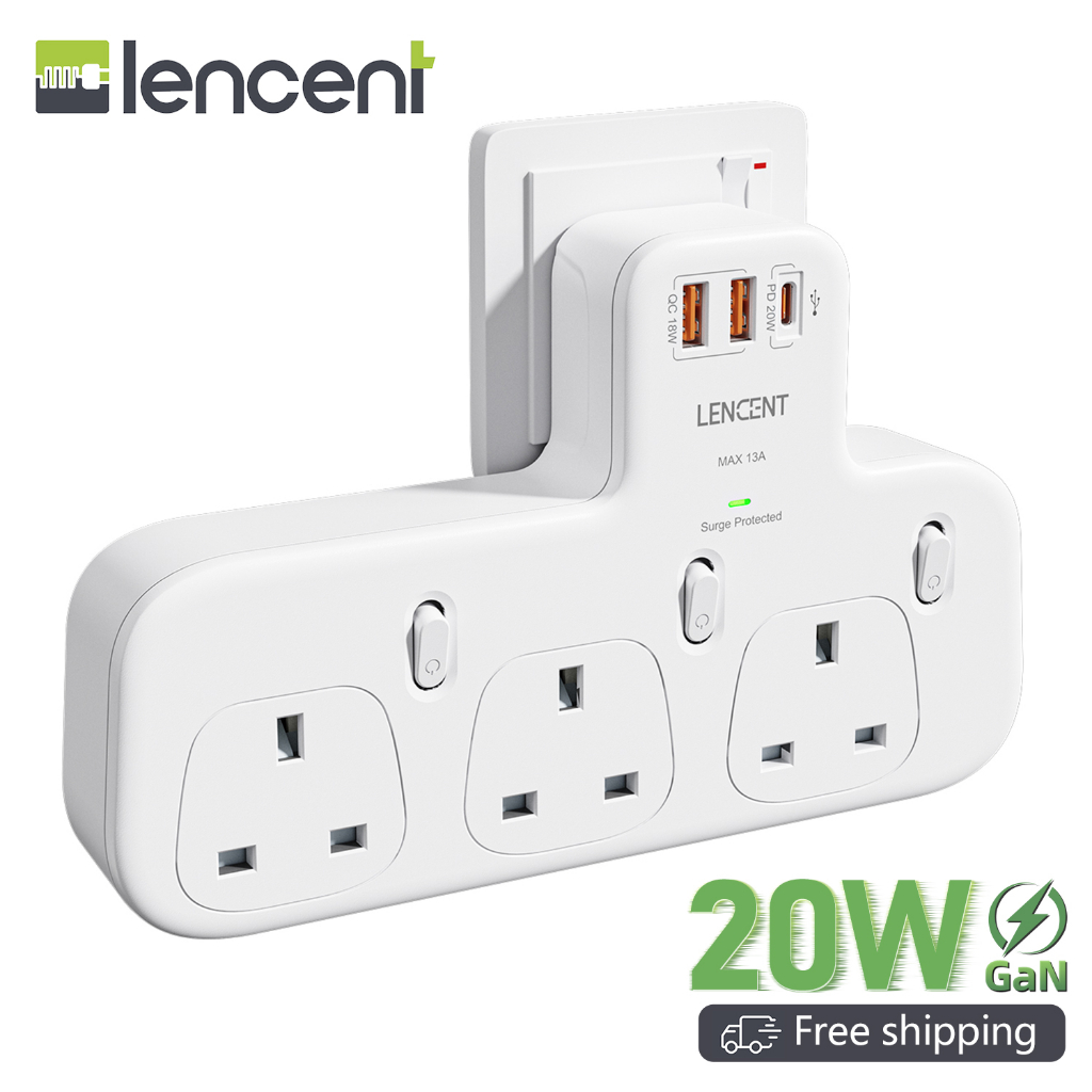 LENCENT Surge Protected 3 Way Plug Extension PD 20W USB-C & 2 USB-A QC ...