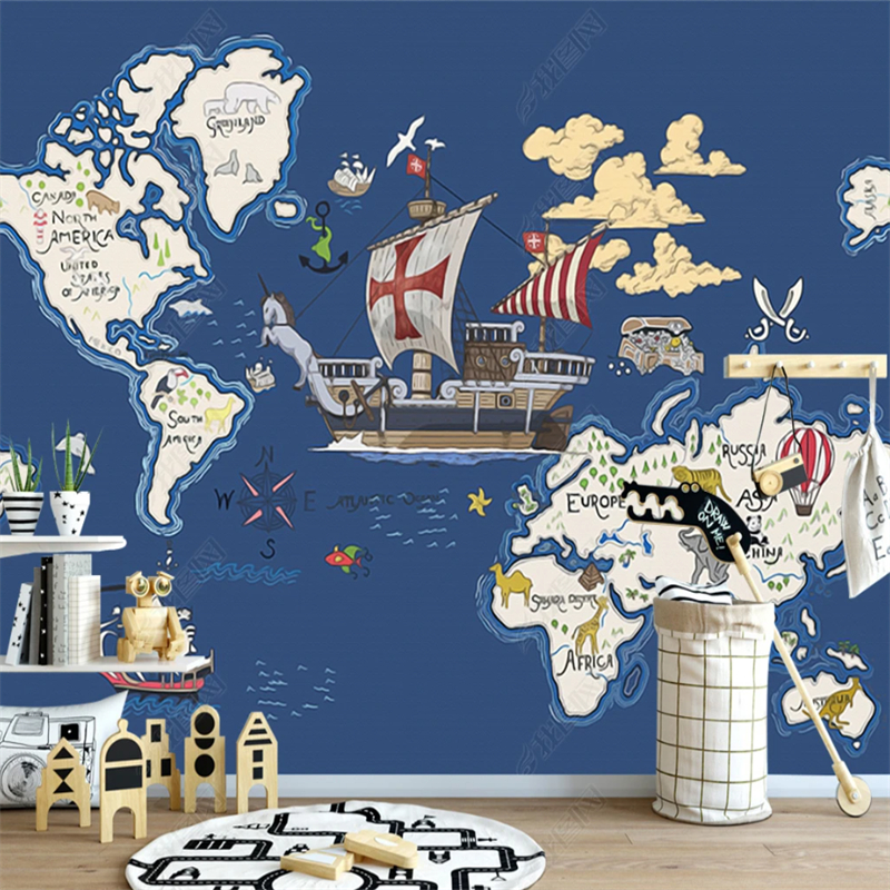 Hand Drawn Cartoon Navigation World Map Wallpaper Children's Bedroom
