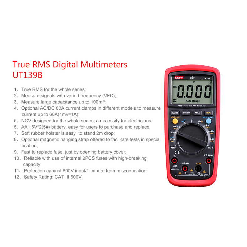 UNI-T UT139 Series Multimeter AC DC 600V 10A True RMS Resistance Diode ...