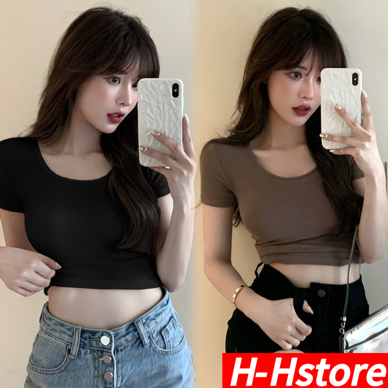 【H-Hstore】Women's summer slim short sleeve T-shirt crop top | Shopee ...