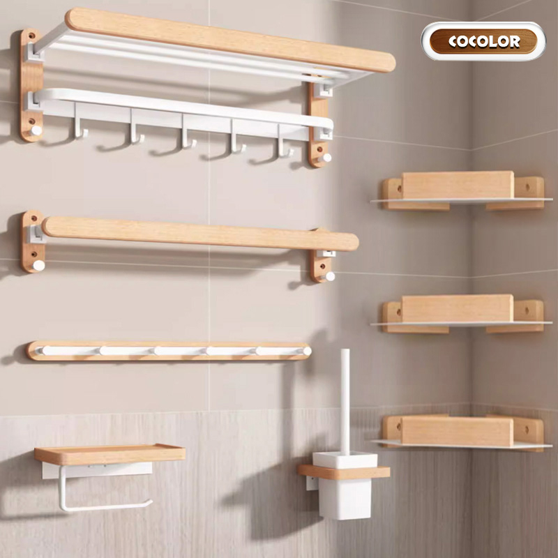 Cocolor Wood Bathroom Hardware Set Folding Towel Bar WallMounted Wood