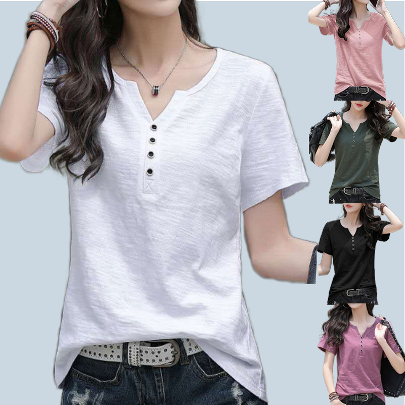 T-shirt Women New Fashion Korean Loose V-neck Solid Color Short Sleeve ...