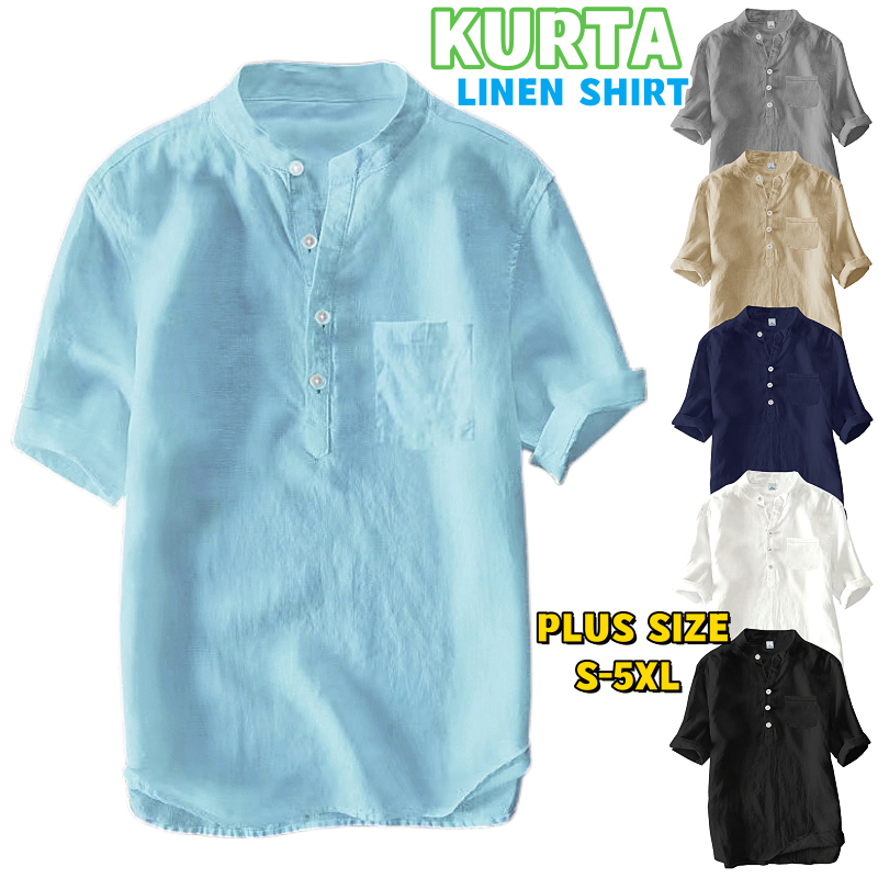 Men's T-Shirt Cotton Linen Kurta Short Sleeve Shirt Kemeja Lelaki ...