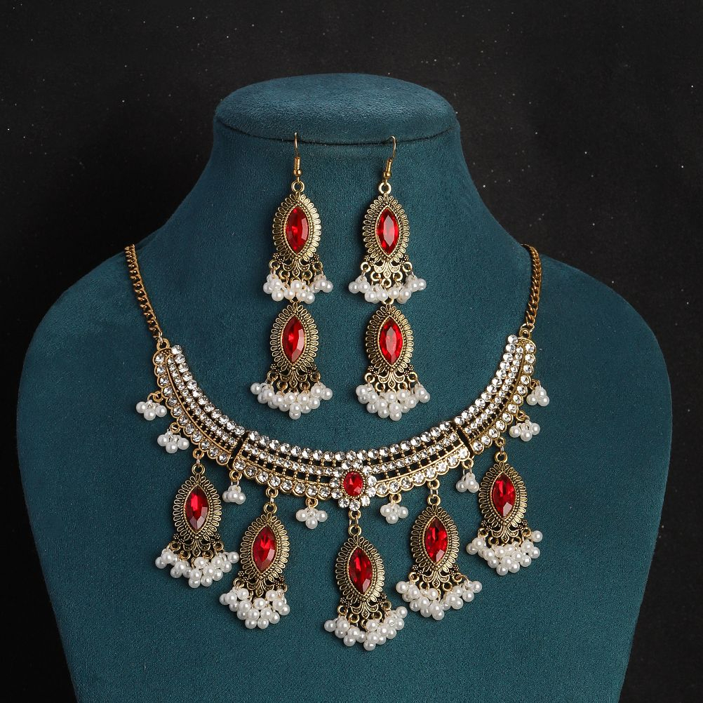 Vintage Luxury Red Crystal Exaggerated Large Necklace Earring Women's