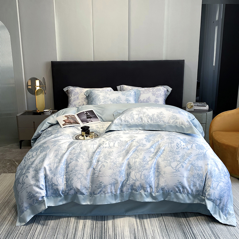 4 IN 1 Satin Silk Bedding Set Queen King Size Tree Pattern Blue Color