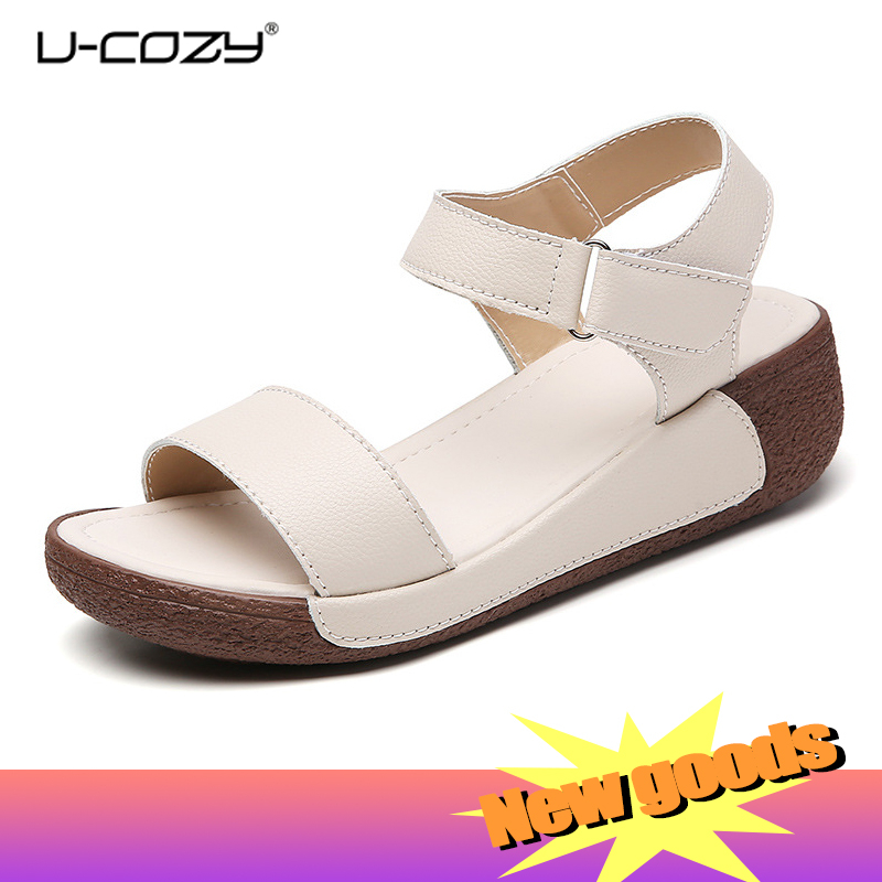 Fashion casual leather heightening Velcro platform sandals for women