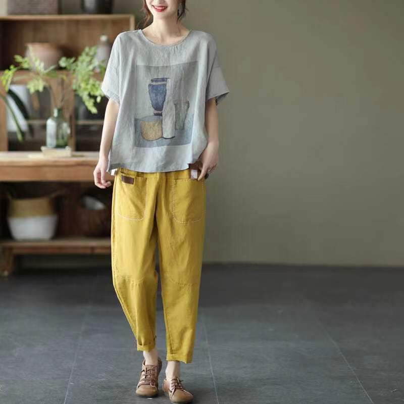 2023 new summer retro printed cotton and linen tshirt ladies loose
