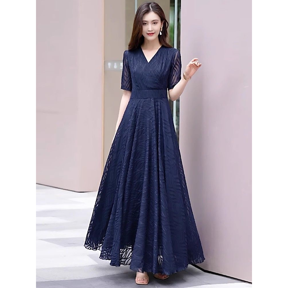 Dress women Korean style slim short sleeve long skirt navy blue M-4XL  M-4XL | Shopee Malaysia