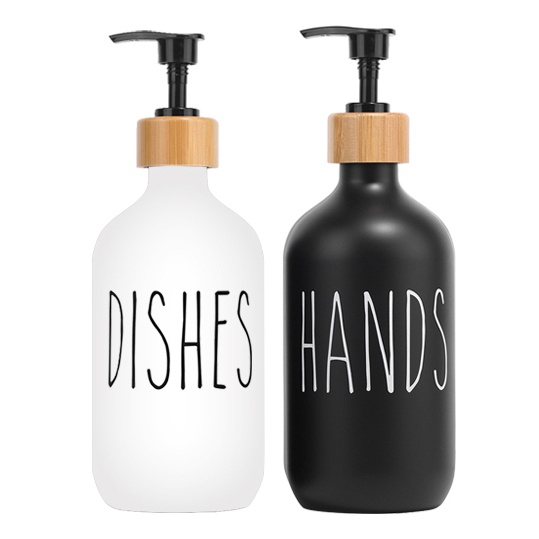 Kitchen Refillable Black Dish Soap Dispenser Set Bottle with Bamboo