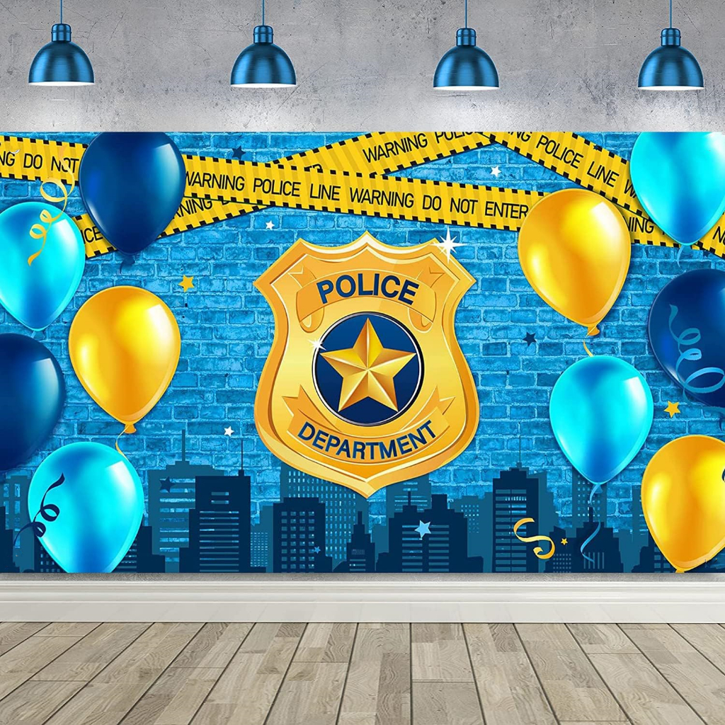 5x3ft Police Party Banner Police Department Badge Blue Brick Wall ...