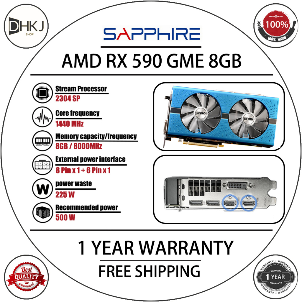 USED SAPPHIRE RX 590GME 8GB 2304SP Graphics Cards GPU Radeon RX590 GME ...