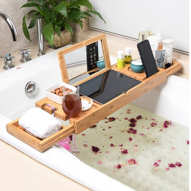 Adjustable Bamboo Bathtub Tray Rack Wine Book Bathroom Bathtub Holder ...