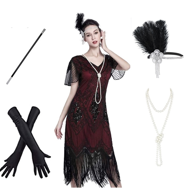 VIJIV 1920s Gatsby Sequin Flapper Dress With Sleeves - Vintage Lace Cocktail Party Dress