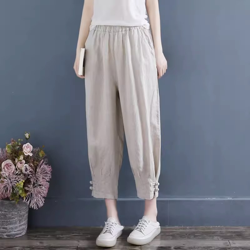 Literary retro solid color linen loose casual hallan turnip bloomers ...