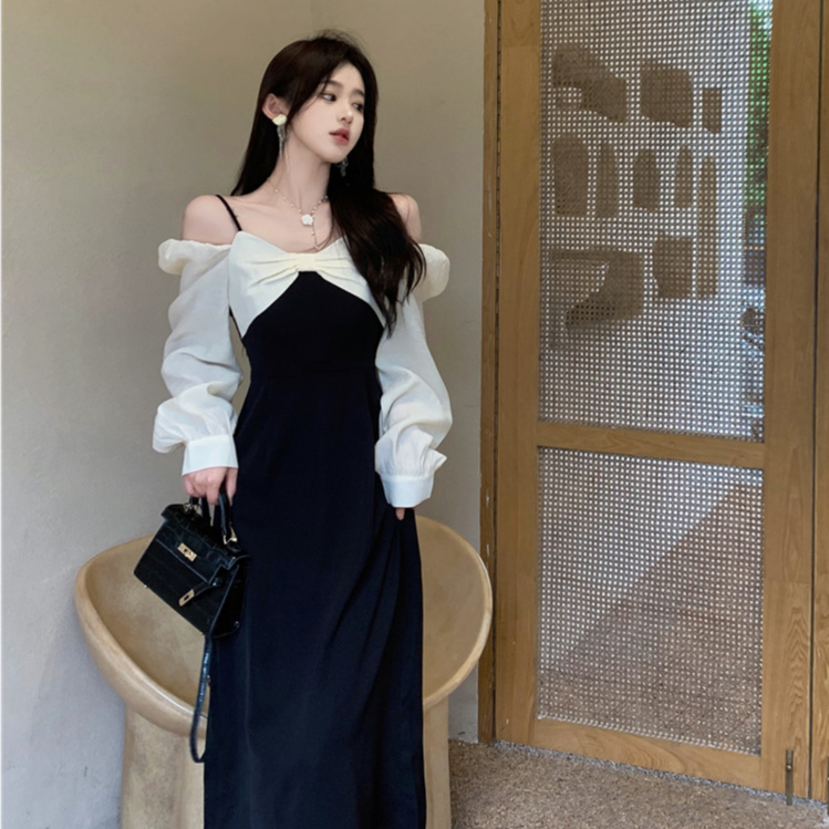 Korean style one line neck off shoulder long sleeved dress autumn new ...