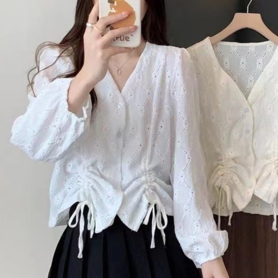 Women'S Korean Fashion V-Neck Ruffled Lace Long Sleeve White Shirt Blouses  Top A