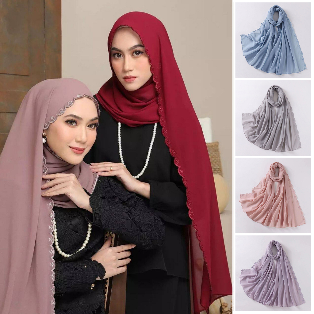 【Malaysia stock】New pearl chiffon embroidery flower scarf lace shawl ...