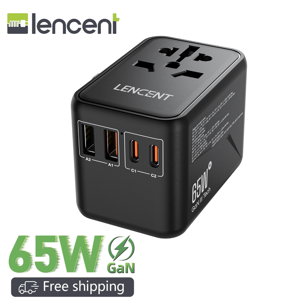 LENCENT Universal Travel Adapter, GaN3 65W International Charger with 2 ...