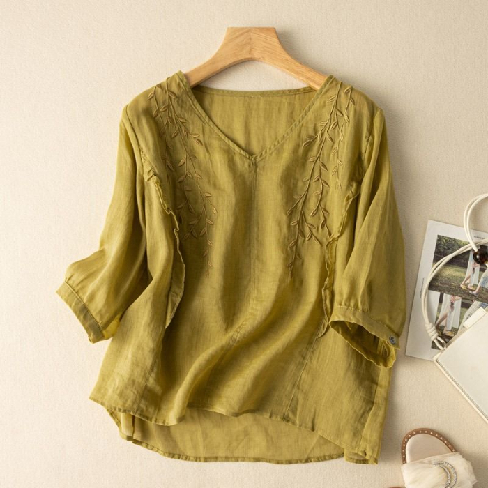 60 Mom's summer cotton and linen quarter-sleeved top women's high-end ...