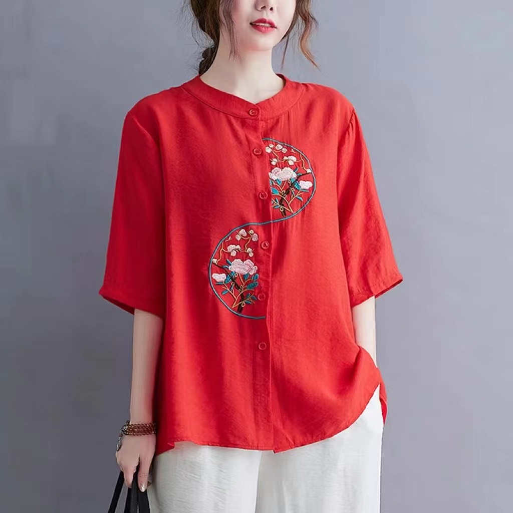 5 Summer 2024 new linen embroidered top women's short sleeve ethnic ...