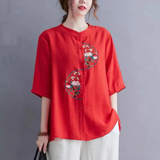 48  Summer 2024 new linen embroidered top women's short sleeve ethnic style loose large size Tang Hanfu cotton linen shirt（with big size）
