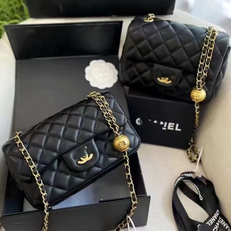 , Black Chain Sling Bag With Black Box Paper Box Gold Chain Ball