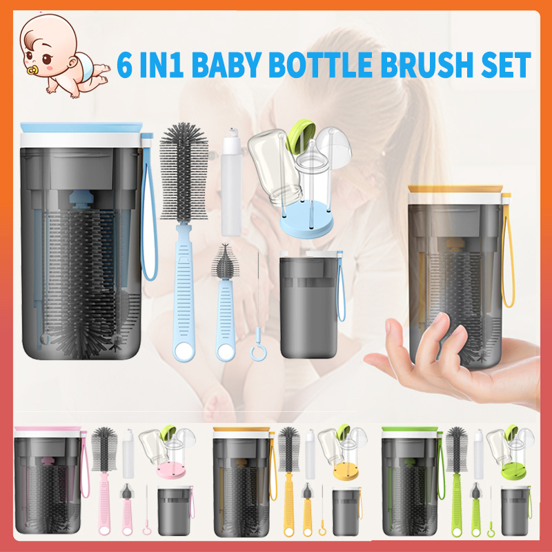 Bottle Brush Set -Baby Travel Essential-6 In 1 Bottle Cleaner Kit With