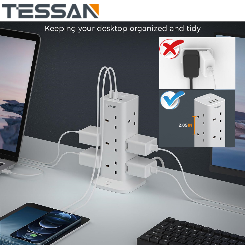 Extension Lead Surge Protection 12 WayTower with 3 USB Slots, TESSAN Multi Plug Extension