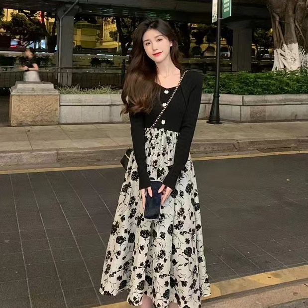 French Sweet Long Sleeve Dress Autumn New Square Neck Spliced Fragrant