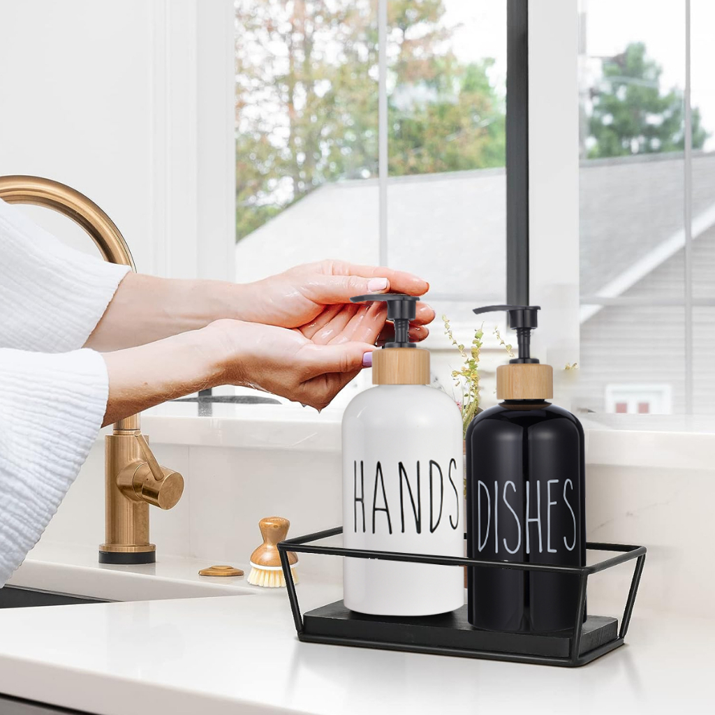 Kitchen Dish Soap Dispenser Refillable Hand and Dish Soap Bottle with Waterproof Labels Modern