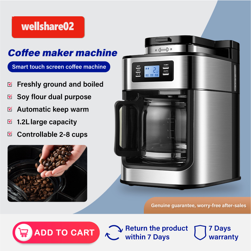 Programmable Coffee Maker with Timer 1.2L 2-8 Cups Drip Coffee Maker with  Built-In Burr Coffee Grinder Keep Warm LED Display