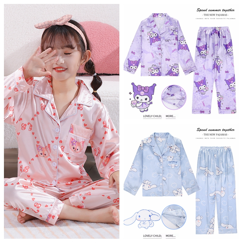 Pyjamas Kids Girl Long Sleeve Satin Silk Nighties Kuromi Cinnamoroll ...