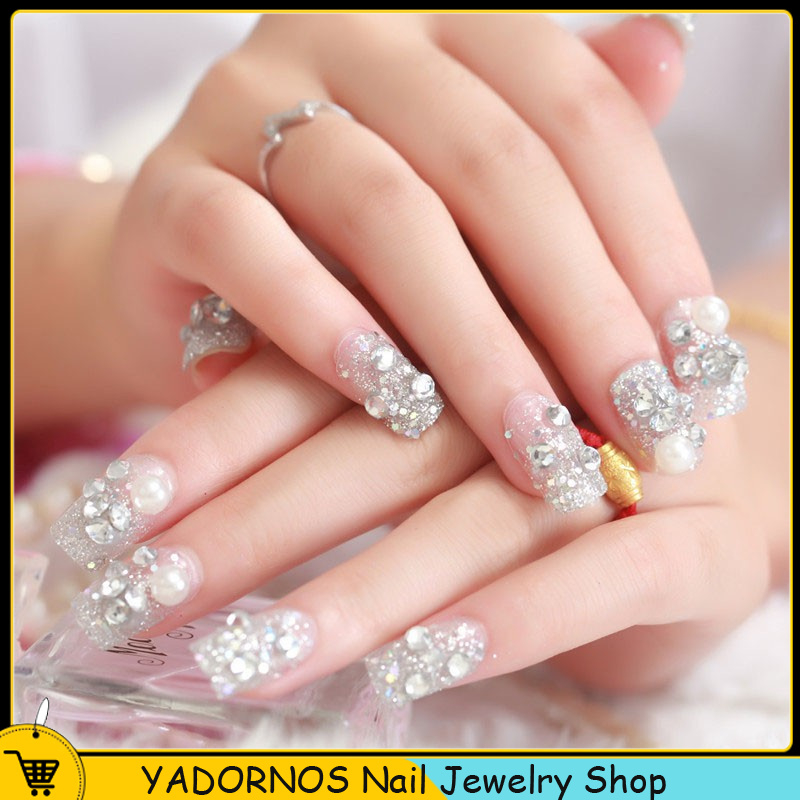 YADORNOS Fake Nails Wedding Bride False Nail Tips Shining Rhinestone Fake Nails With Glue