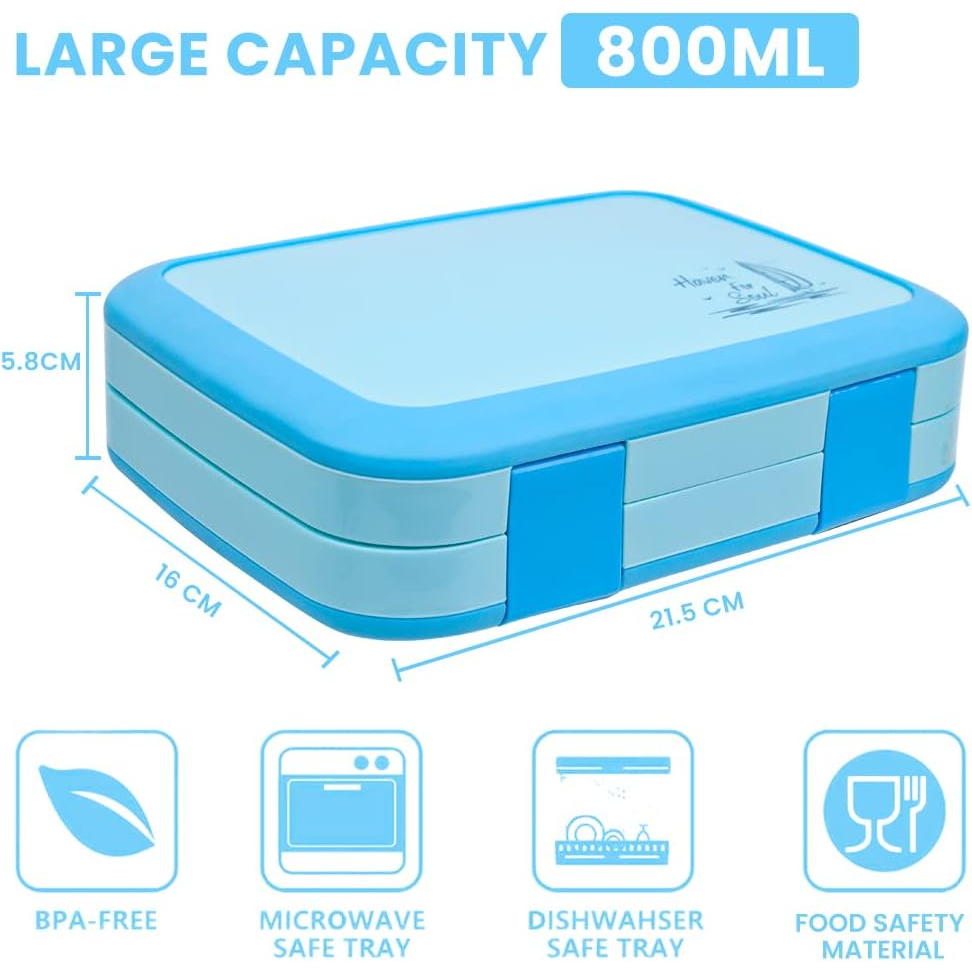 Bento Lunch Box 800 ml, Lunch Box with 5 Compartments and Cutlery Set