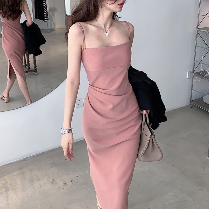women hot pink dress plus size casual halter beach sexy long bodycon dress  with slit summer dress woman korean style dress | Shopee Malaysia