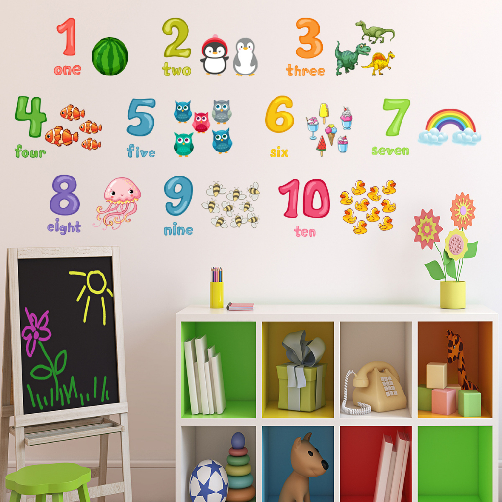 English Numbers Cartoon Stickers Kindergarten Home Early Education Wall ...
