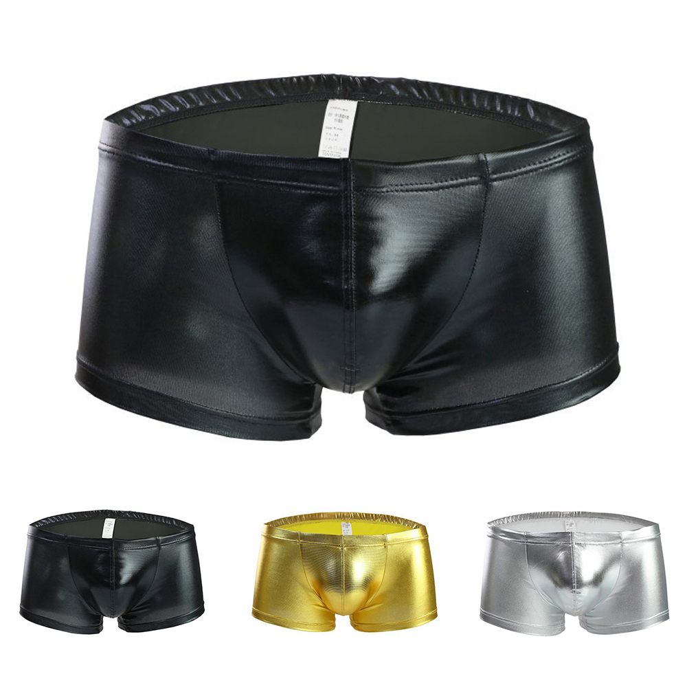 YiZYiF Mens Shiny Sexy Boxer shorts Underwear Patent Leather Open Penis  Hole Long Leg Boxer Short Panties penis Rubber pants Black 3XL