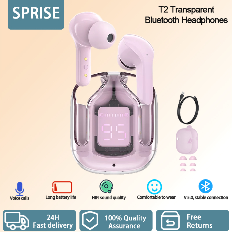 SPRISE New Transparent Wireless Bluetooth Earphone Gaming Noise Cancelling TWS Rechargeable Colorful Earphon Stereo Earbuds Headset Earfon Touch