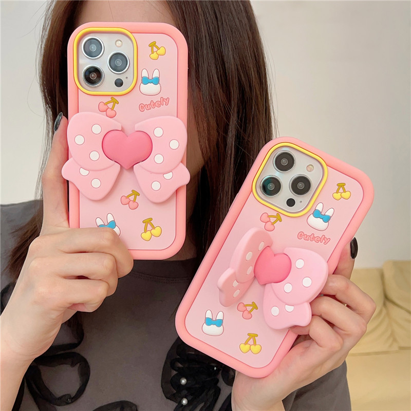 Korean cute 3D pink Love heaet bow bracket silicone phone case Compatible for iPhone 11 12 13