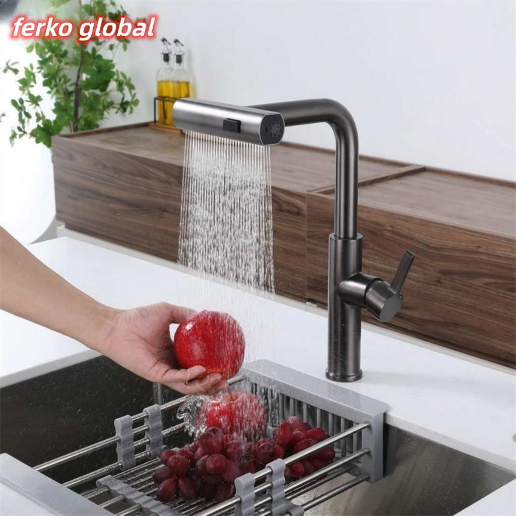 German gun gray kitchen hot and cold brass faucet pullout threespeed