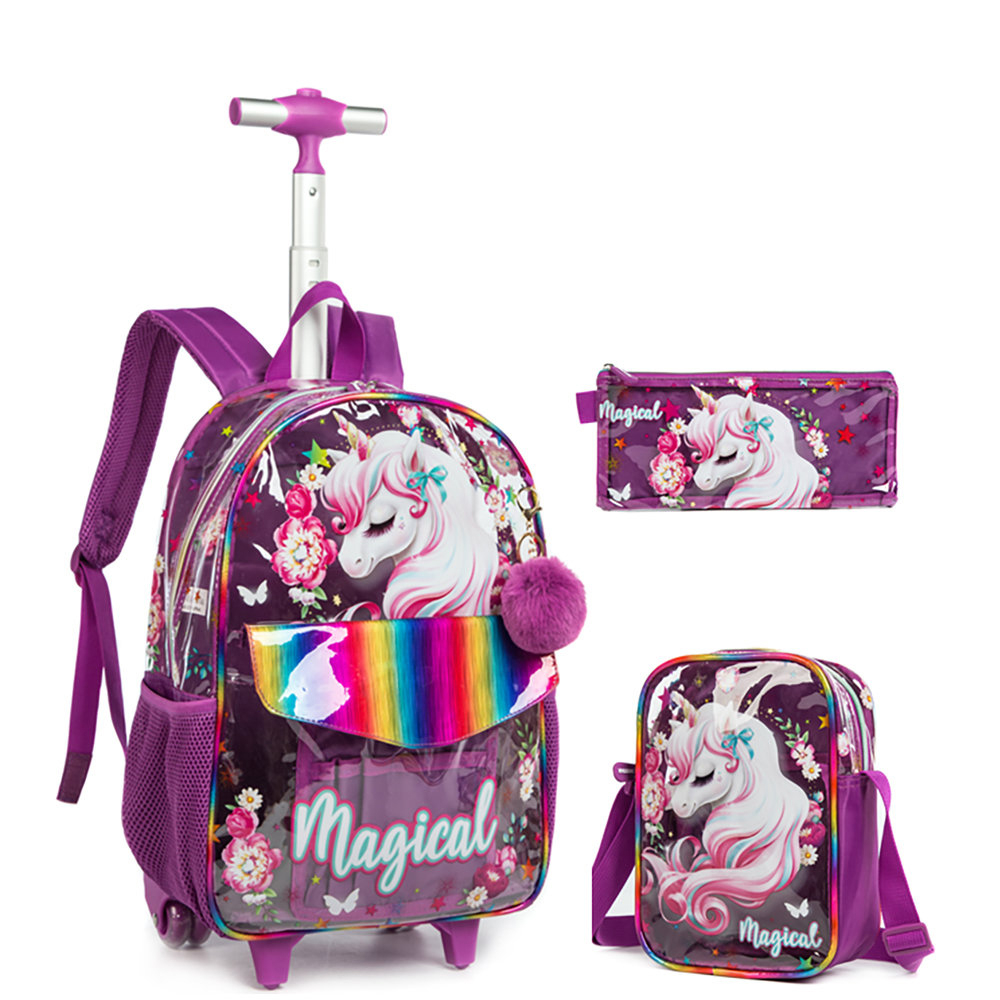 Unicorn rolling backpack girls trolley backpack set 16-inch children's ...