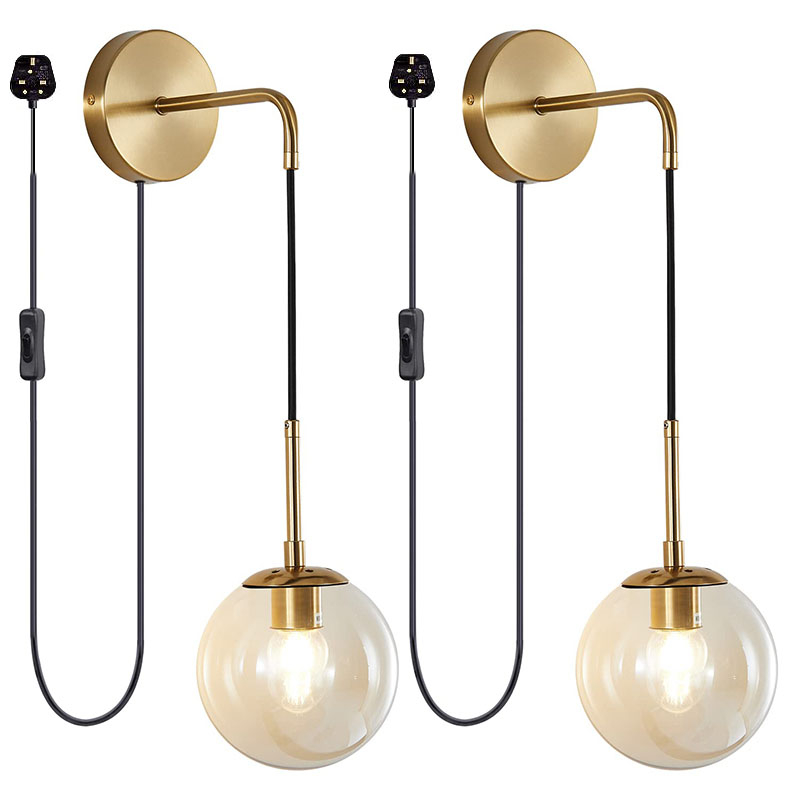 Plug In Wall Sconces Set of Two Modern Amber /Smoky Glass LED Wall