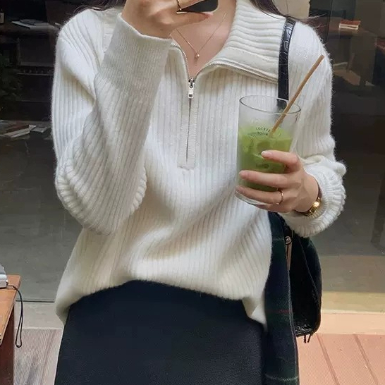 XIAOZHAINV Korean Fashion Zipper Collar Knitted Sweater Loose And