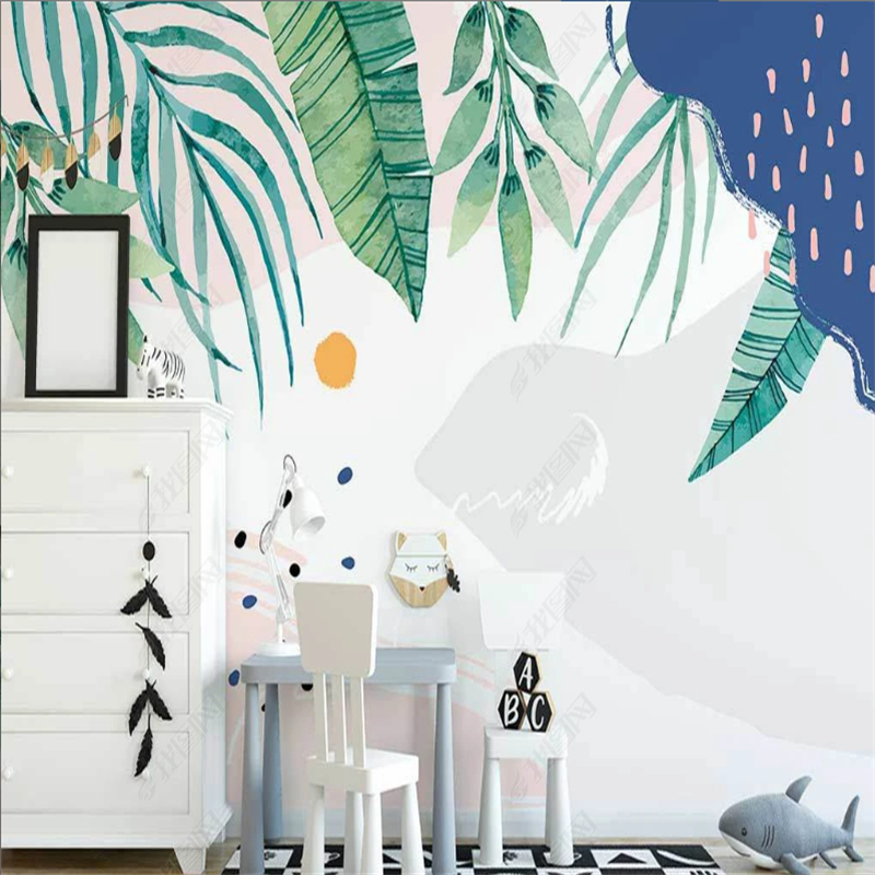 Nordic abstract art mural tropical leaf wallpaper for study room