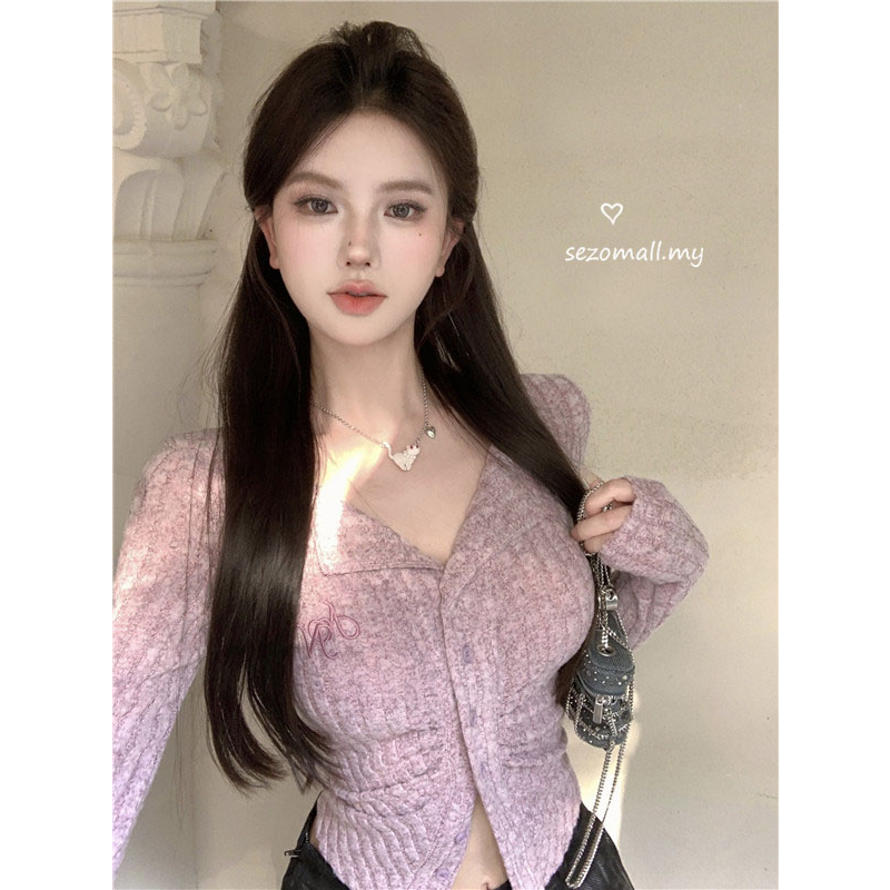 Sezo Korean Fashion Pink V Neck Long Sleeve Knitted Cardigan Womens Thin Fit Spicy Girl Short 8813