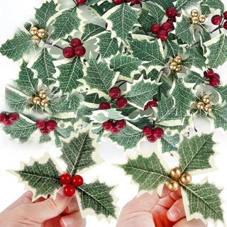 Christmas Artificial Holly Berry Green Leaves Ornaments Gold Red