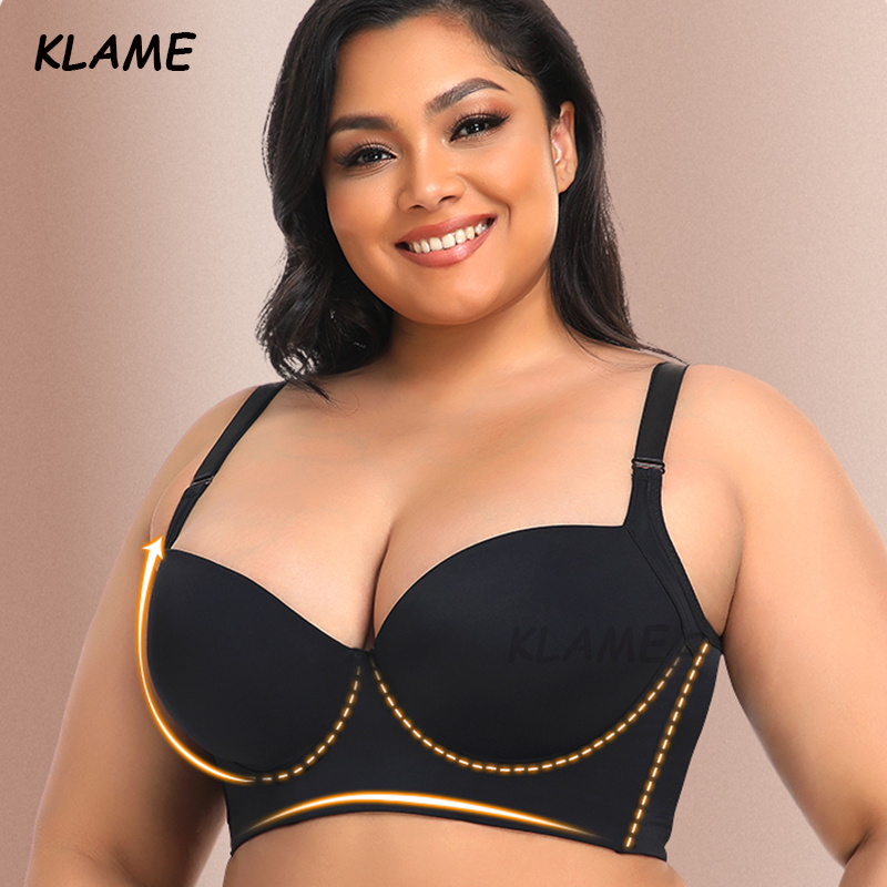 KLAME BCDEF Plus Size Sports Bra For Women Gathering Seamless 3D Cup Tank Top Bras Sexy Vneck