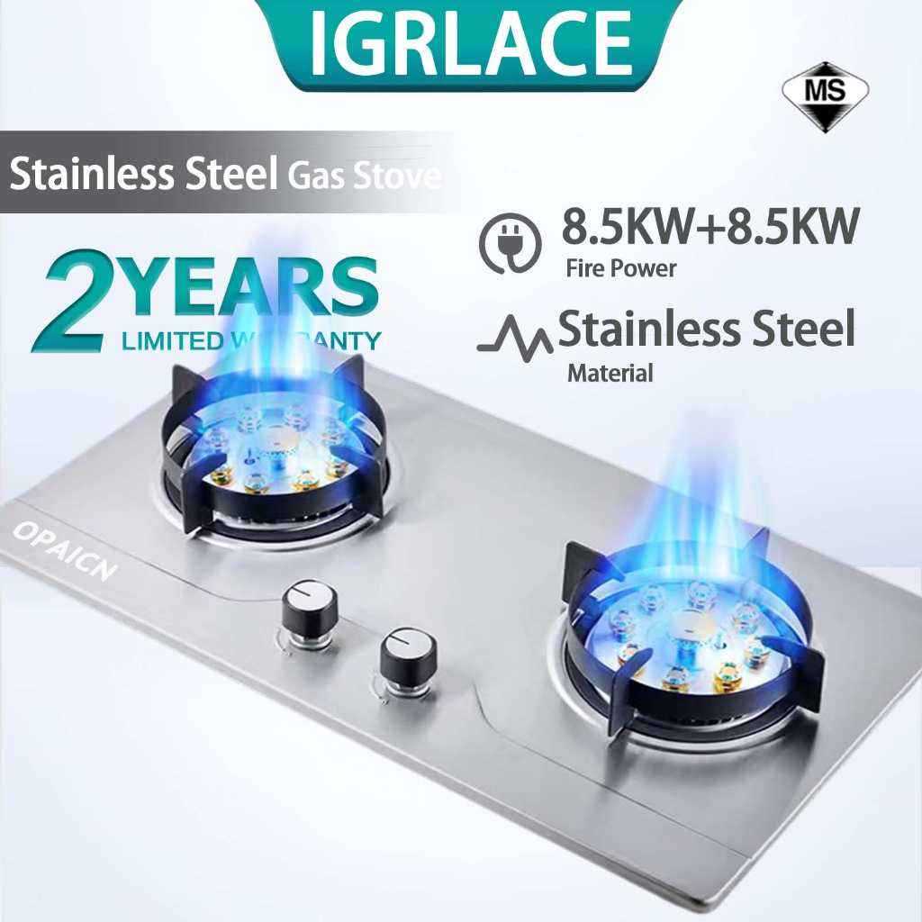 IGRLACESUKINBO 8.5KW Stainless Steel Double Burner Gas Stove Desktop