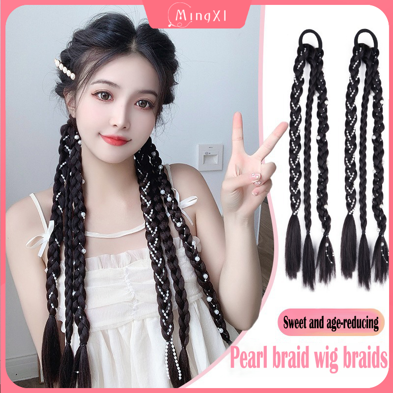 Wig Braid 3 Strands Pearl Hot Girl Twist Long Braid Double Ponytail Wig ...